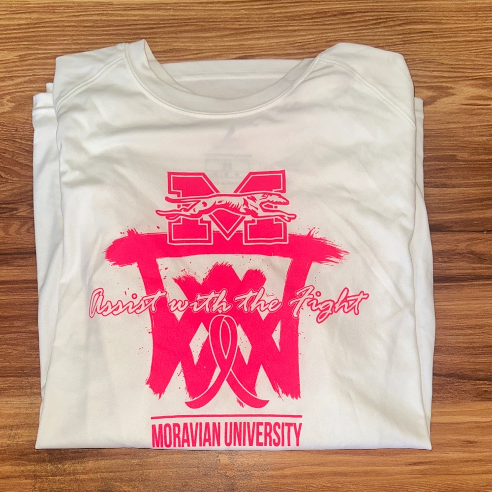 White and Pink Moravian University T-Shirt